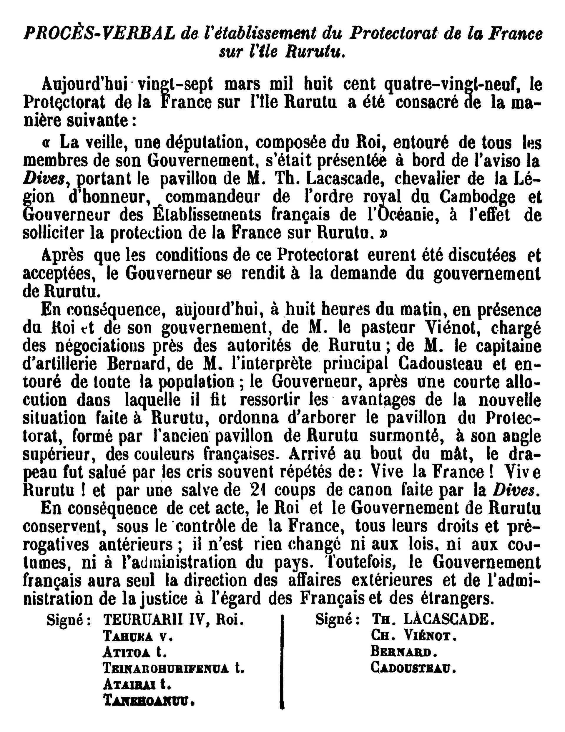 Procès-verbal de l'établissement du Protectorat de la France sur l'île Rurutu